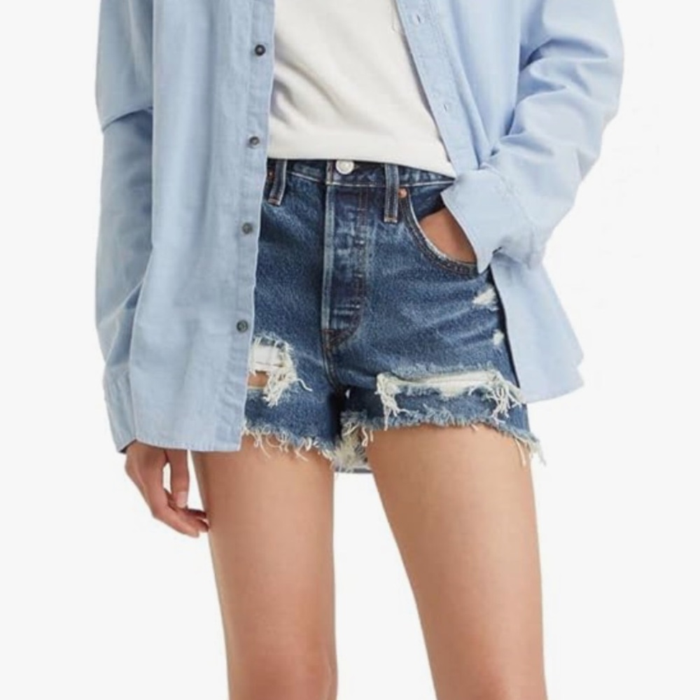 Levi's 501 Dark Blue Distressed Jean Shorts